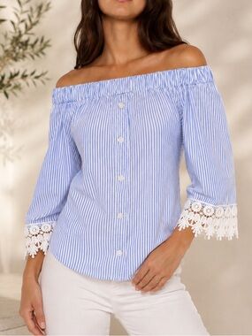 Made in Italy Off-Shoulder Blue Striped Lace Cuff Blouse